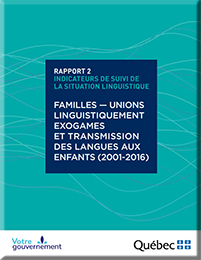 Indicateurs de suivi de la situation linguistique au Québec – Rapport 2&nbsp;: familles – unions linguistiquement exogames et transmission des langues aux enfants (2001-2016).